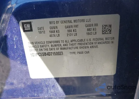 2013 Chevrolet Cruze Lt из США, поврежденный, VIN 1G1PC5SB4D7150023